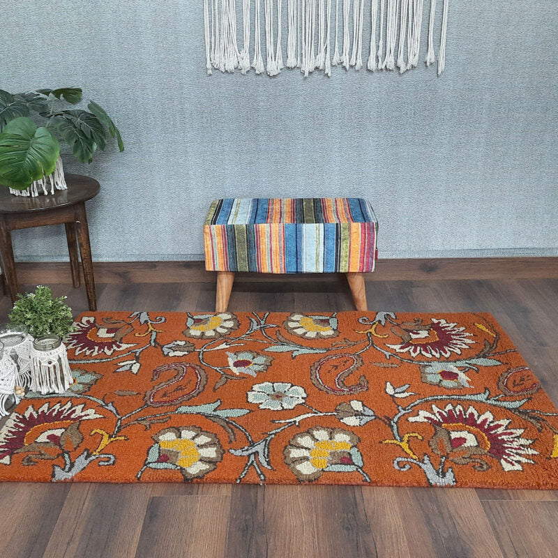 Wool Floral Beautiful Hand Tufted Rust Brown Carpet | Loop Pile | Avioni -90cm x 150cm (~3×5 Feet)