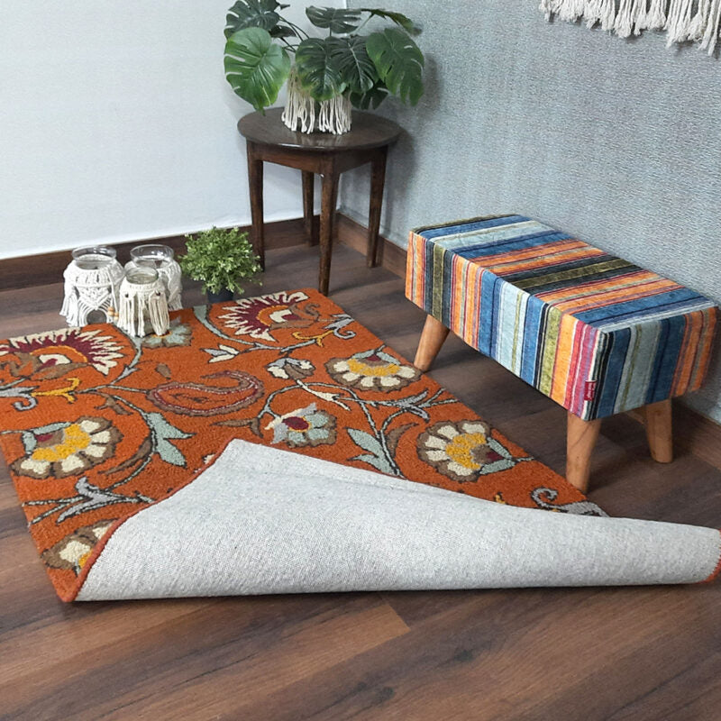 Wool Floral Beautiful Hand Tufted Rust Brown Carpet | Loop Pile | Avioni -90cm x 150cm (~3×5 Feet)