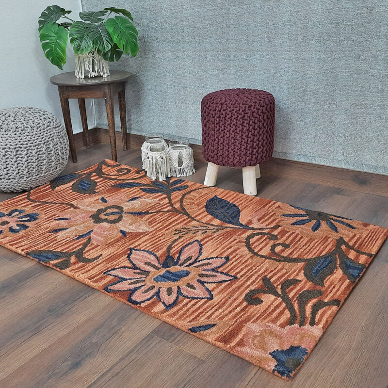 Wool Hand Tufted Beautiful Floral Cozy Carpet | Loop Pile | Avioni -90cm x 150cm (~3×5 Feet)