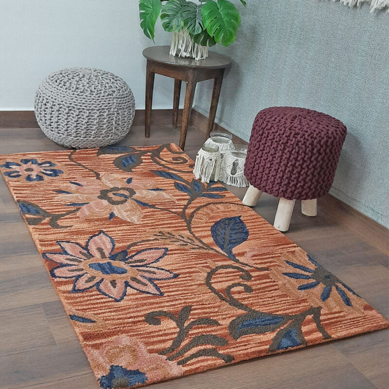 Wool Hand Tufted Beautiful Floral Cozy Carpet | Loop Pile | Avioni -90cm x 150cm (~3×5 Feet)