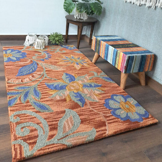 Wool Floral Beautiful Hand Tufted Brown Blue Carpet | Loop Pile | Avioni -90cm x 150cm (~3×5 Feet)