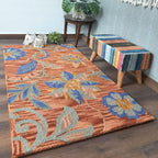 Wool Floral Beautiful Hand Tufted Brown Blue Carpet | Loop Pile | Avioni -90cm x 150cm (~3×5 Feet)