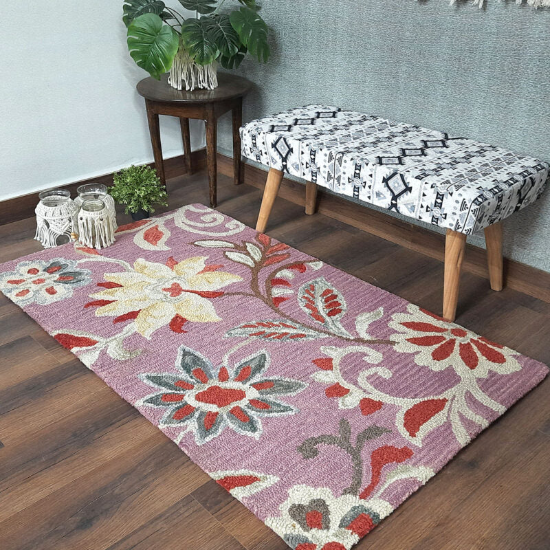 Wool Floral Beautiful Hand Tufted Carpet | Loop Pile | Avioni -90cm x 150cm (~3×5 Feet)