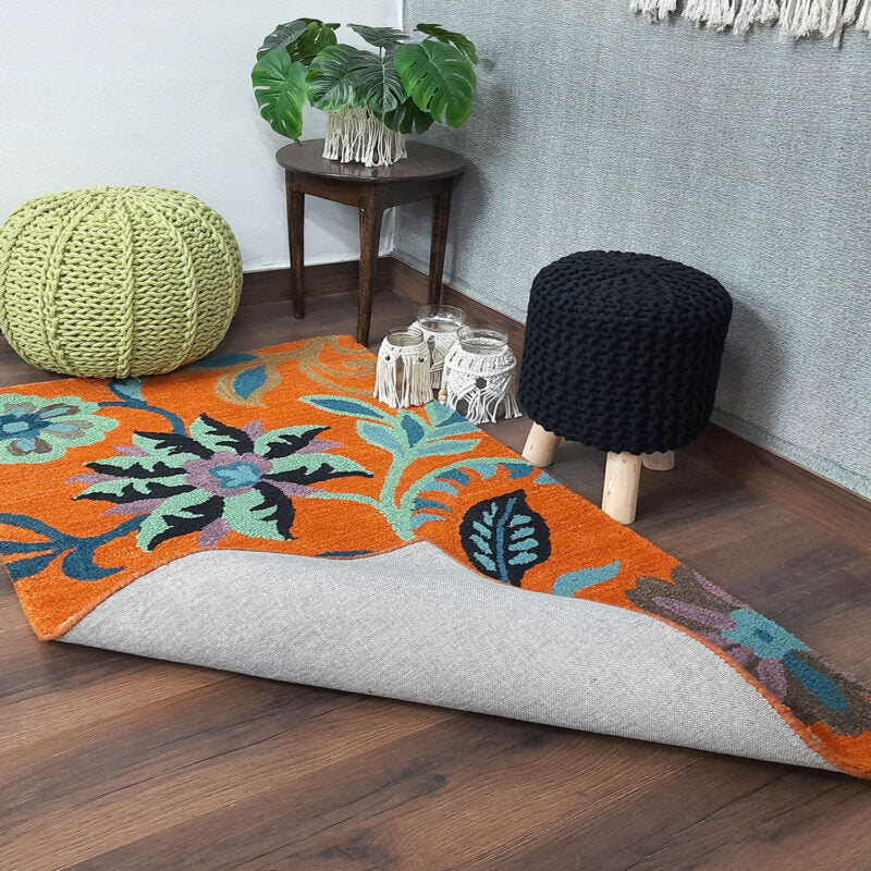 Wool Floral Beautiful Hand Tufted Orange Carpet | Loop Pile Rug | Avioni -90cm x 150cm (~3×5 Feet)