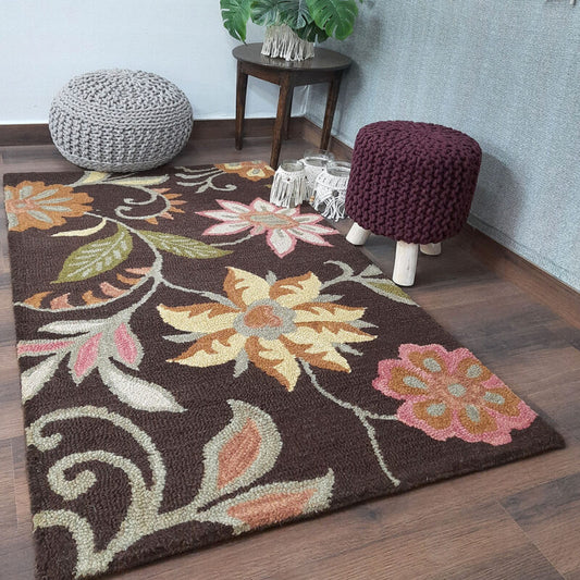 Wool Floral Beautiful Hand Tufted Carpet | Brown Loop Pile Rug | Avioni -90cm x 150cm (~3×5 Feet)