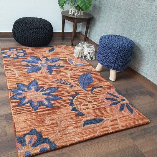 Wool Floral Beautiful Hand Tufted Brown Carpet | Loop Pile Rug | Avioni -90cm x 150cm (~3×5 Feet)