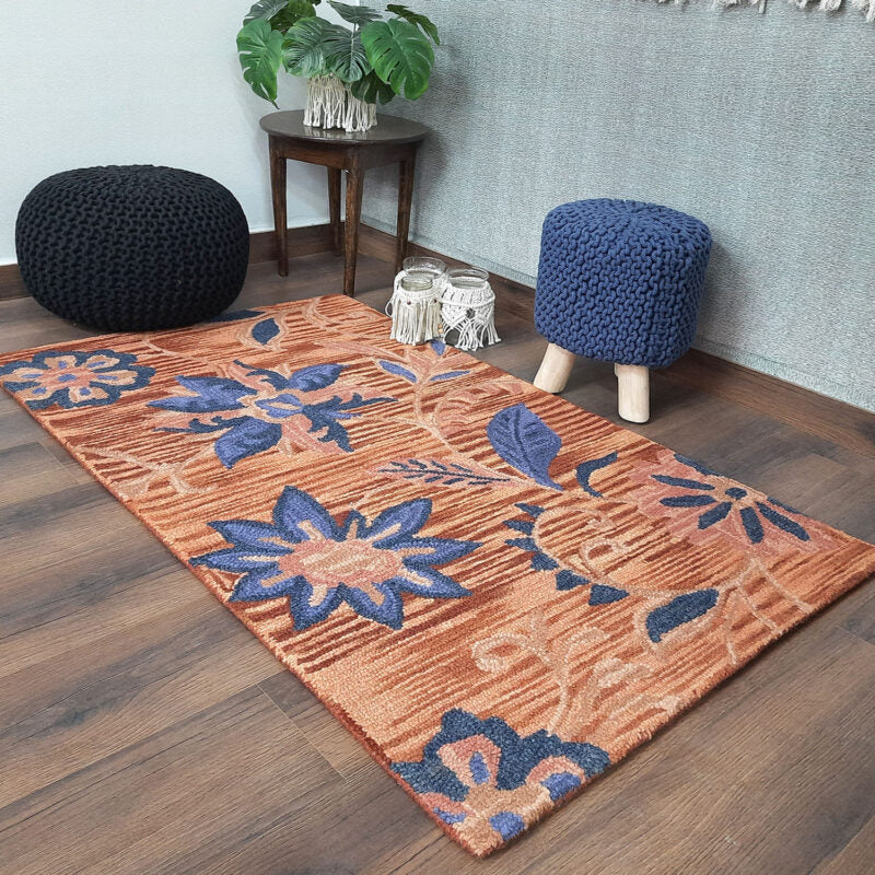 Wool Floral Beautiful Hand Tufted Brown Carpet | Loop Pile Rug | Avioni -90cm x 150cm (~3×5 Feet)