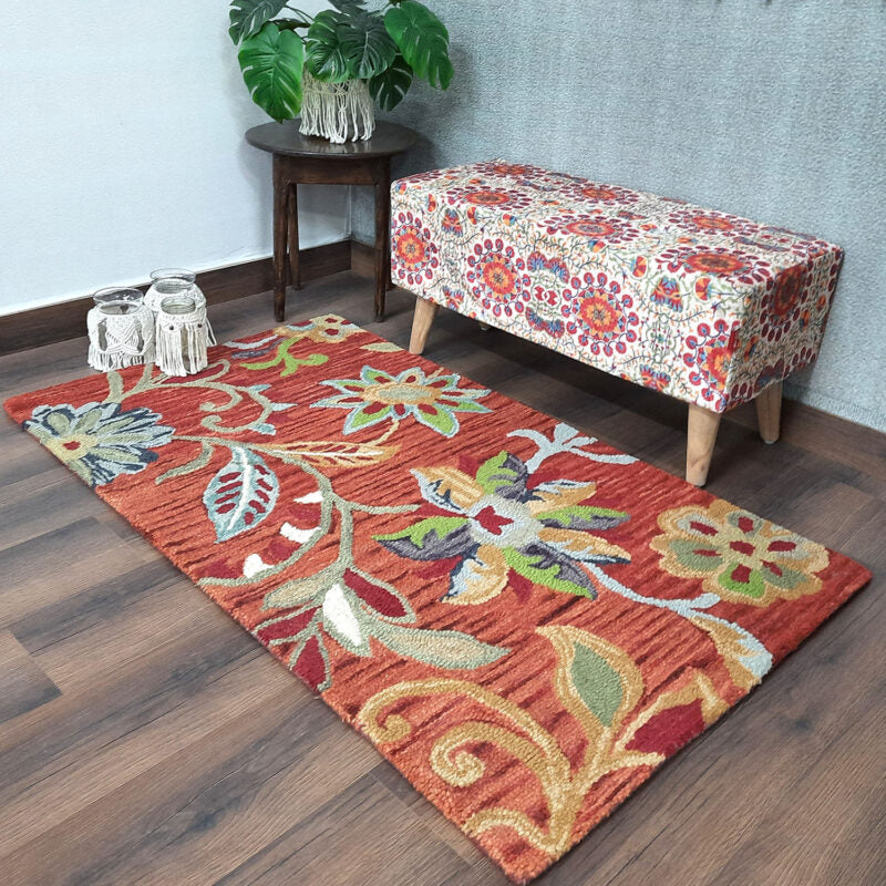 Wool Floral Beautiful Brown Hand Tufted Carpet | Loop Pile Rug | Avioni -90cm x 150cm (~3×5 Feet)