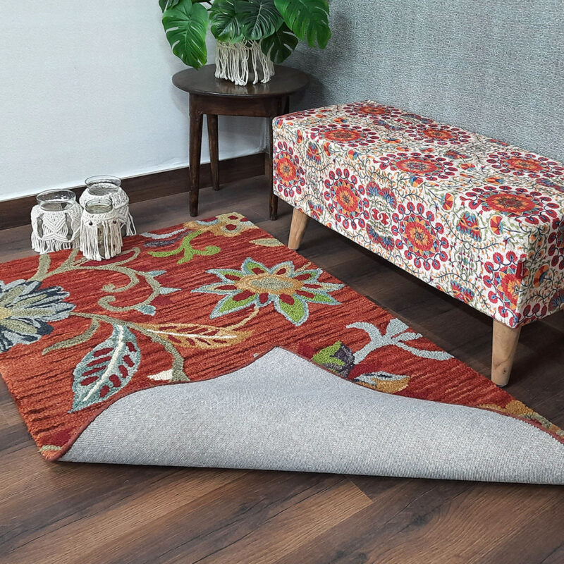 Wool Floral Beautiful Brown Hand Tufted Carpet | Loop Pile Rug | Avioni -90cm x 150cm (~3×5 Feet)