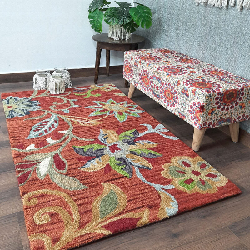 Wool Floral Beautiful Brown Hand Tufted Carpet | Loop Pile Rug | Avioni -90cm x 150cm (~3×5 Feet)