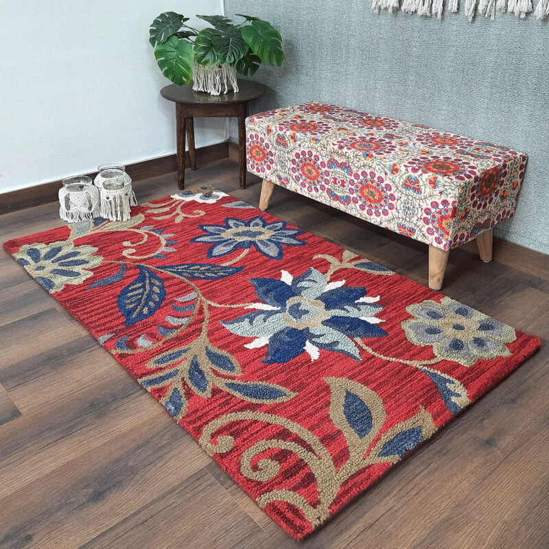 Wool Floral Beautiful Red Tone Hand Tufted Carpet | Loop Pile Rug | Avioni -90cm x 150cm (~3×5 Feet)