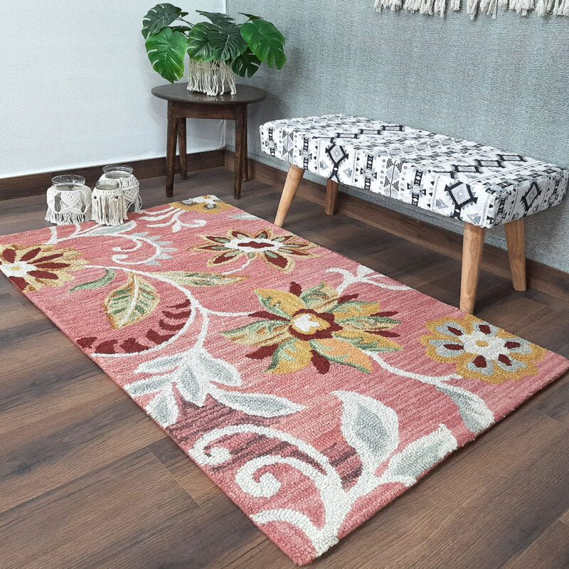 Wool Floral Beautiful Light Pink Tone Hand Tufted Carpet | Loop Pile Rug | Avioni -90cm x 150cm (~3×5 Feet)