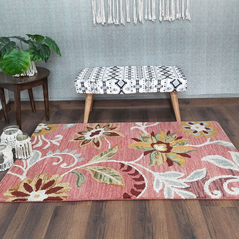 Wool Floral Beautiful Light Pink Tone Hand Tufted Carpet | Loop Pile Rug | Avioni -90cm x 150cm (~3×5 Feet)
