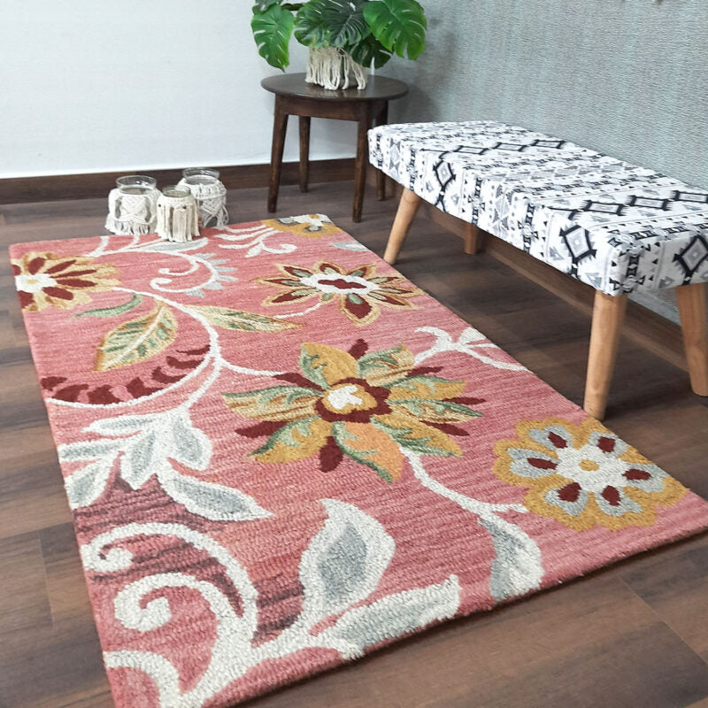 Wool Floral Beautiful Light Pink Tone Hand Tufted Carpet | Loop Pile Rug | Avioni -90cm x 150cm (~3×5 Feet)