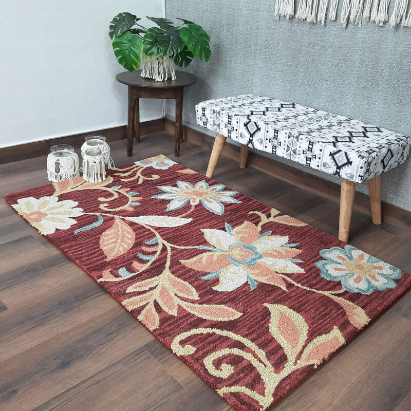 Wool Floral Beautiful Brown Tone Hand Tufted Carpet | Loop Pile Rug | Avioni -90cm x 150cm (~3×5 Feet)