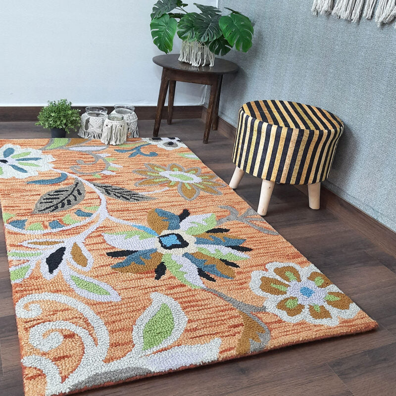 Wool Floral Beautiful Hand Tufted Light Brown Tone Carpet | Loop Pile Rug | Avioni -90cm x 150cm (~3×5 Feet)