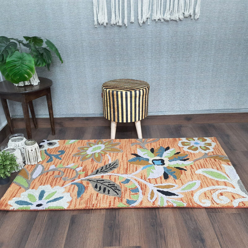Wool Floral Beautiful Hand Tufted Light Brown Tone Carpet | Loop Pile Rug | Avioni -90cm x 150cm (~3×5 Feet)