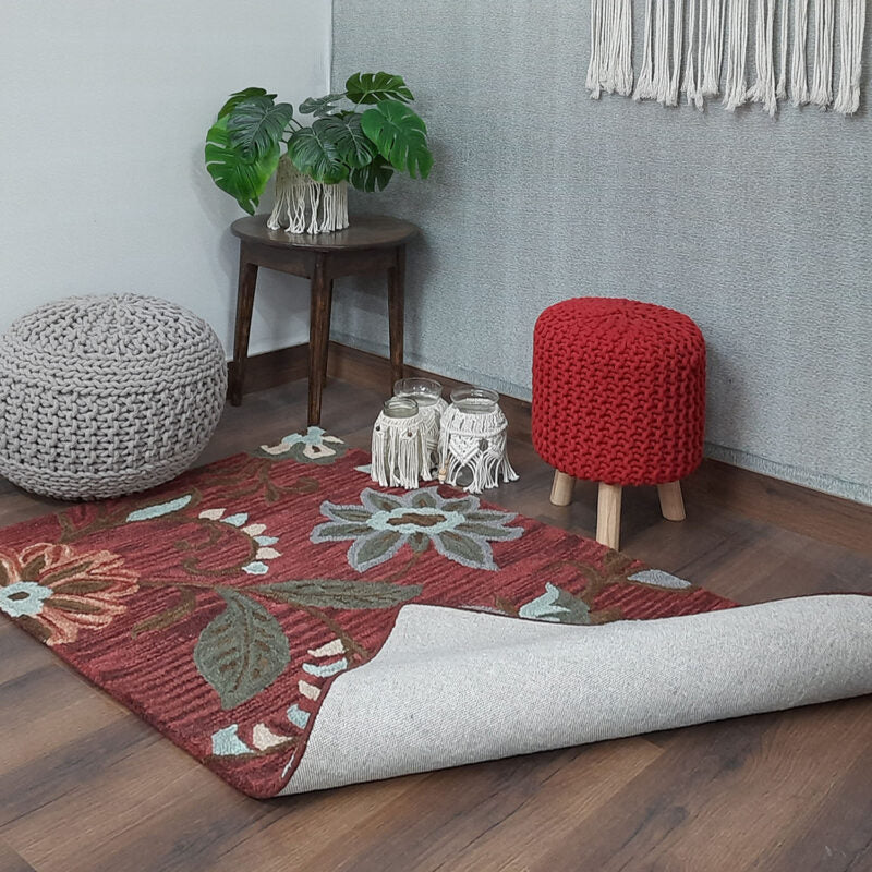 Wool Hand Tufted Beautiful Floral Carpet | Loop Pile | Avioni -90cm x 150cm (~3×5 Feet)