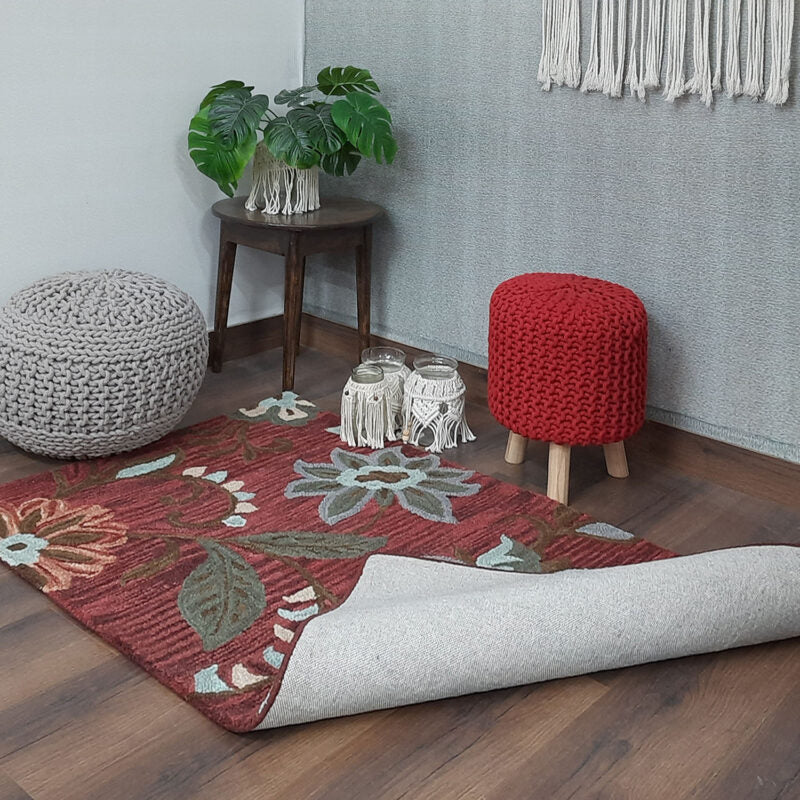 Wool Hand Tufted Beautiful Floral Carpet | Loop Pile | Avioni -90cm x 150cm (~3×5 Feet)