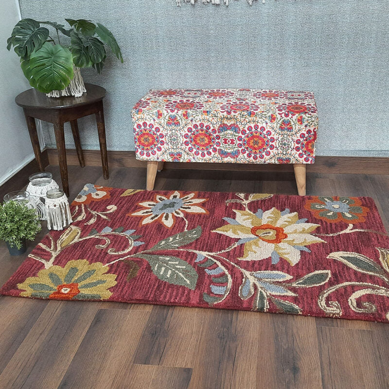 Wool Floral Beautiful Hand Tufted Carpet | Loop Pile Rug | Avioni -90cm x 150cm (~3×5 Feet)