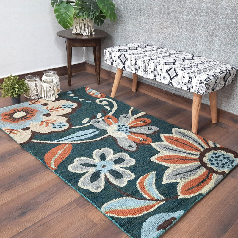Wool Floral Hand Tufted Beautiful Carpet | Loop Pile Rug | Avioni -90cm x 150cm (~3×5 Feet)