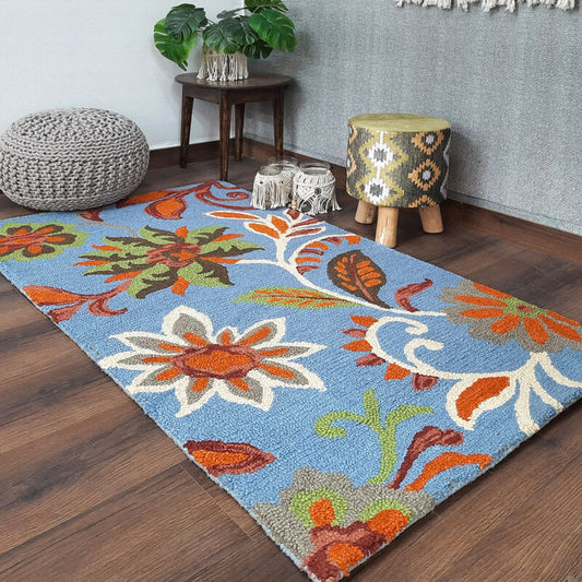 Wool Hand Tufted Beautiful Floral Blue Carpet | Loop Pile | Avioni -90cm x 150cm (~3×5 Feet)
