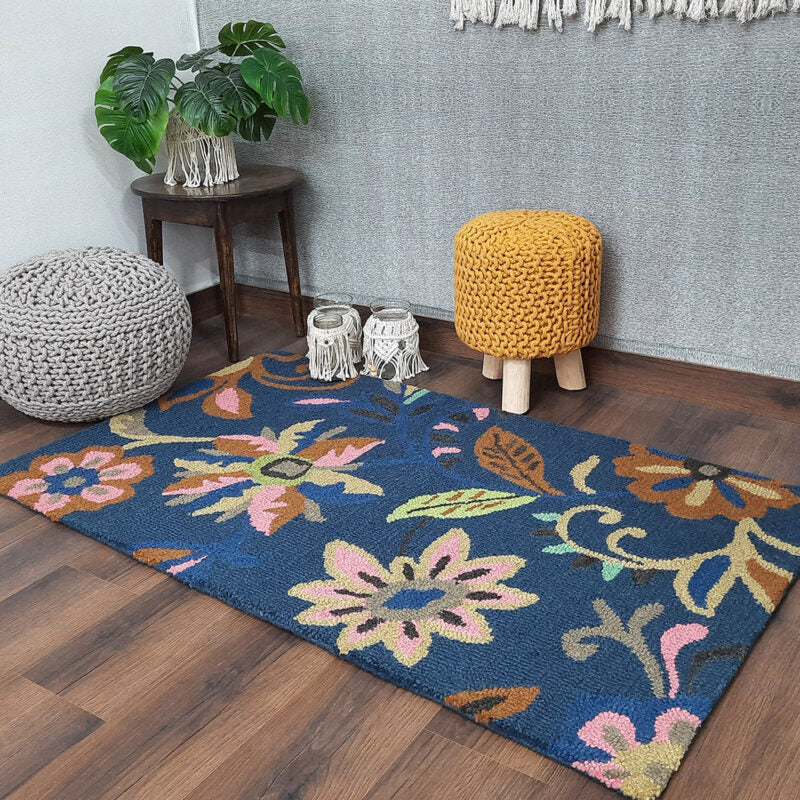 Wool Hand Tufted Beautiful Floral Blue Cozy Carpet | Loop Pile | Avioni -90cm x 150cm (~3×5 Feet)