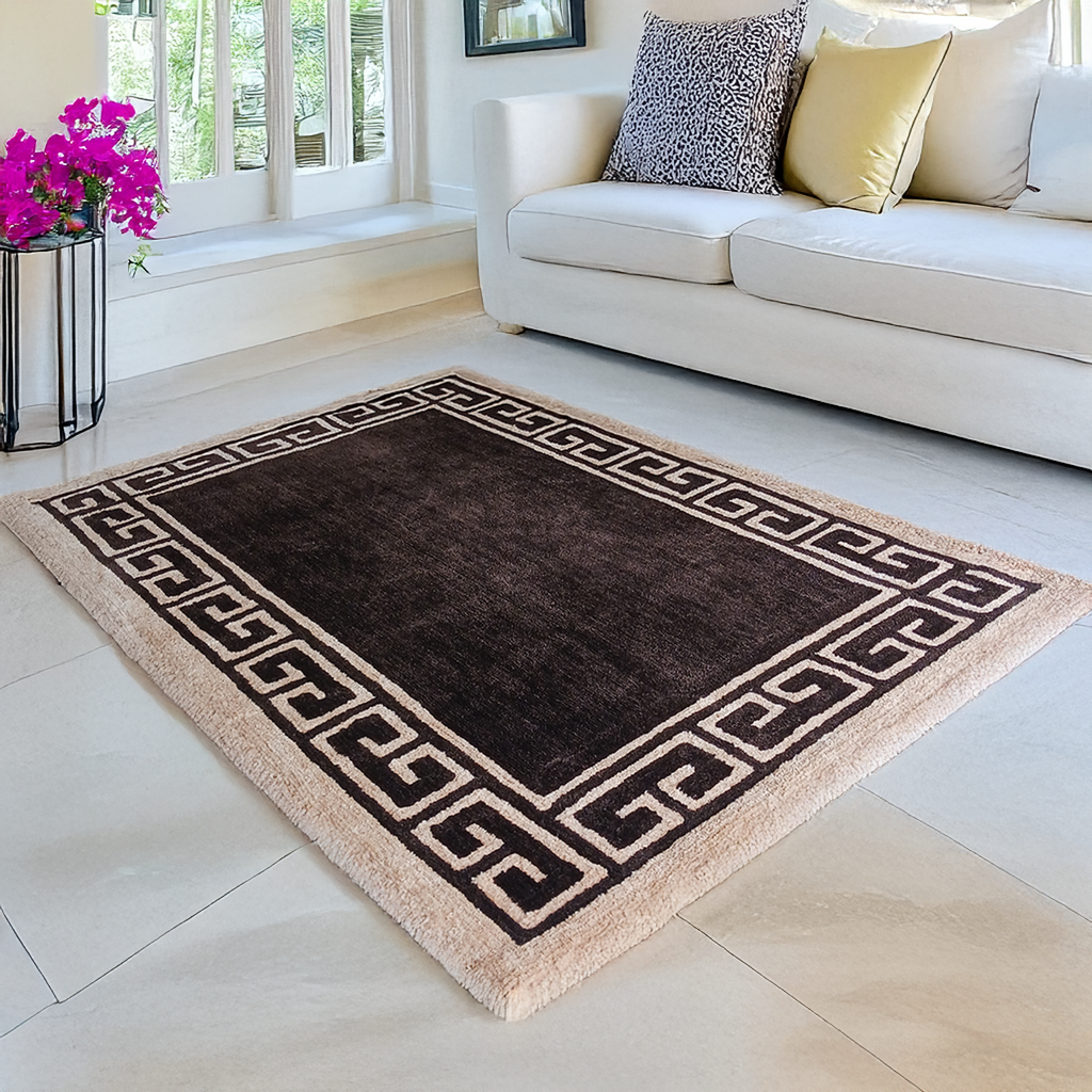 Avioni Luxury Collection- Plush Luxury Coffee and Beige Carpet with Greek Border Design -Different Sizes- Carpet for Living Room