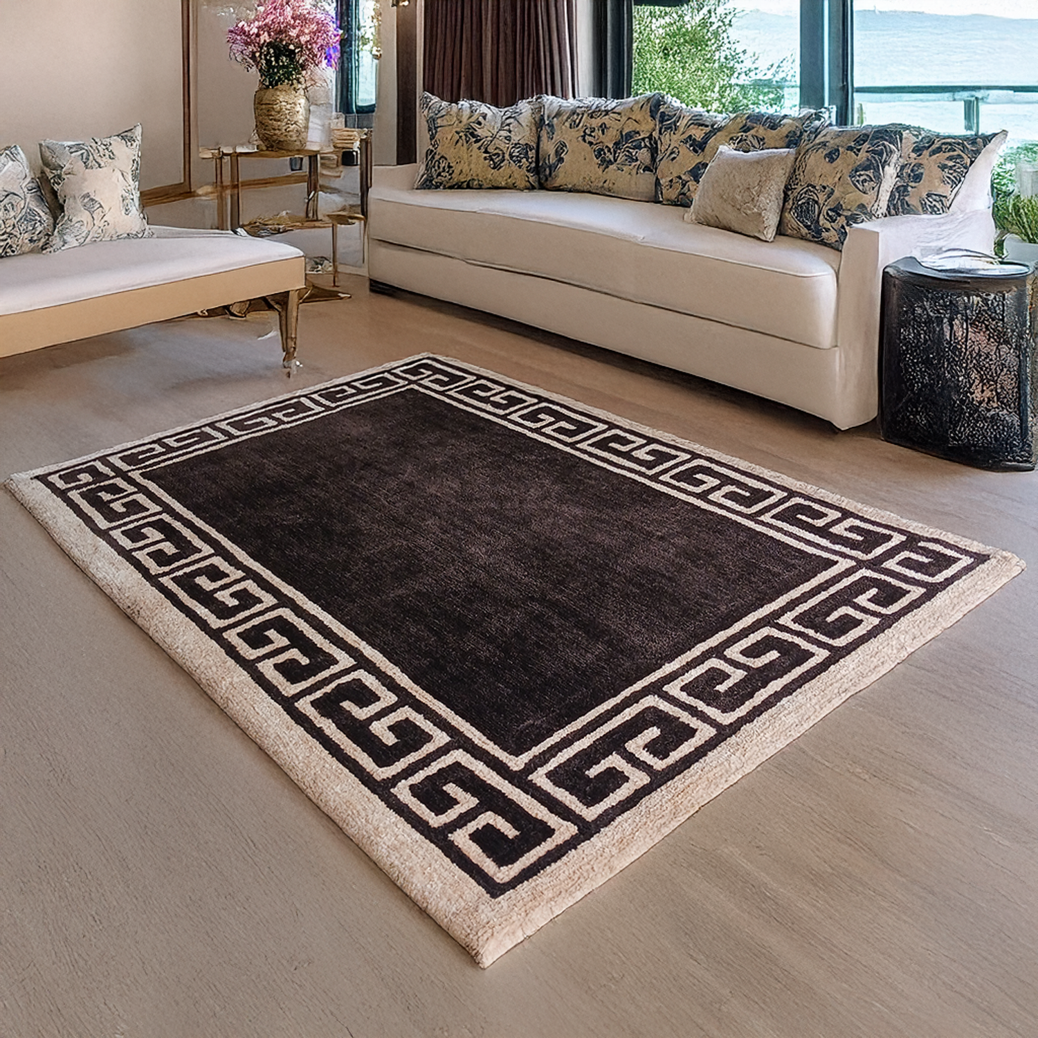 Avioni Luxury Collection- Plush Luxury Coffee and Beige Carpet with Greek Border Design -Different Sizes- Carpet for Living Room