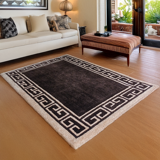 Avioni Luxury Collection- Plush Luxury Coffee and Beige Carpet with Greek Border Design -Different Sizes- Carpet for Living Room