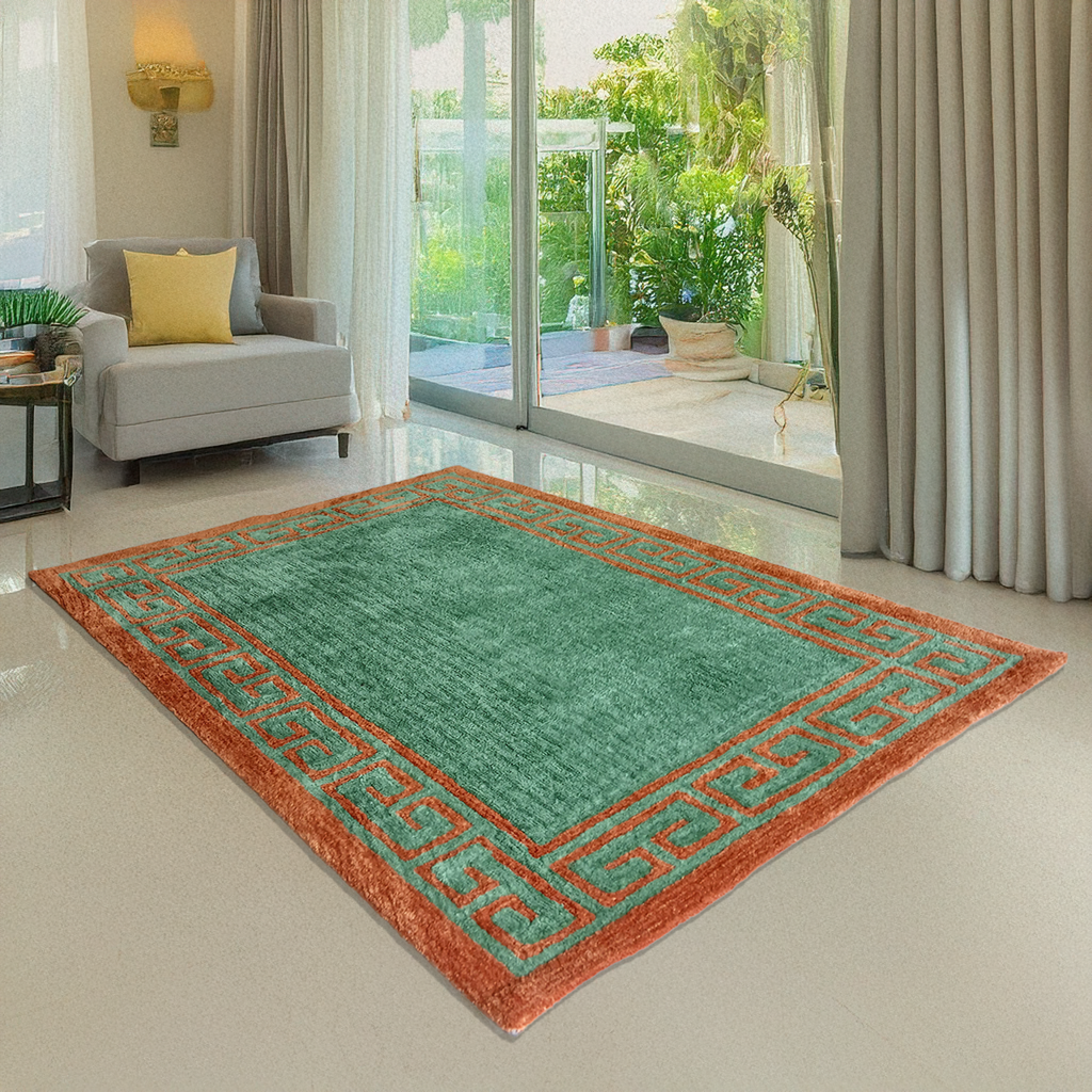 Avioni Luxury Collection- Plush Luxury Green and Golden Mustard Carpet with Greek Border Design -Different Sizes- Carpet for Living Room