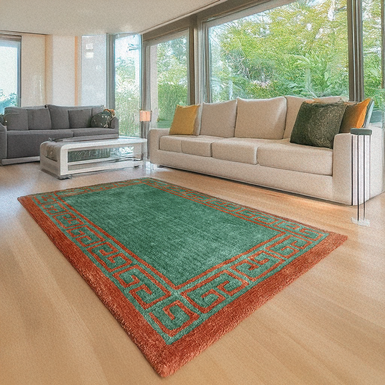 Avioni Luxury Collection- Plush Luxury Green and Golden Mustard Carpet with Greek Border Design -Different Sizes- Carpet for Living Room