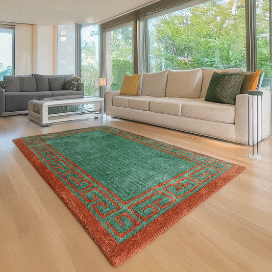 Avioni Luxury Collection- Plush Luxury Green and Golden Mustard Carpet with Greek Border Design -Different Sizes- Carpet for Living Room
