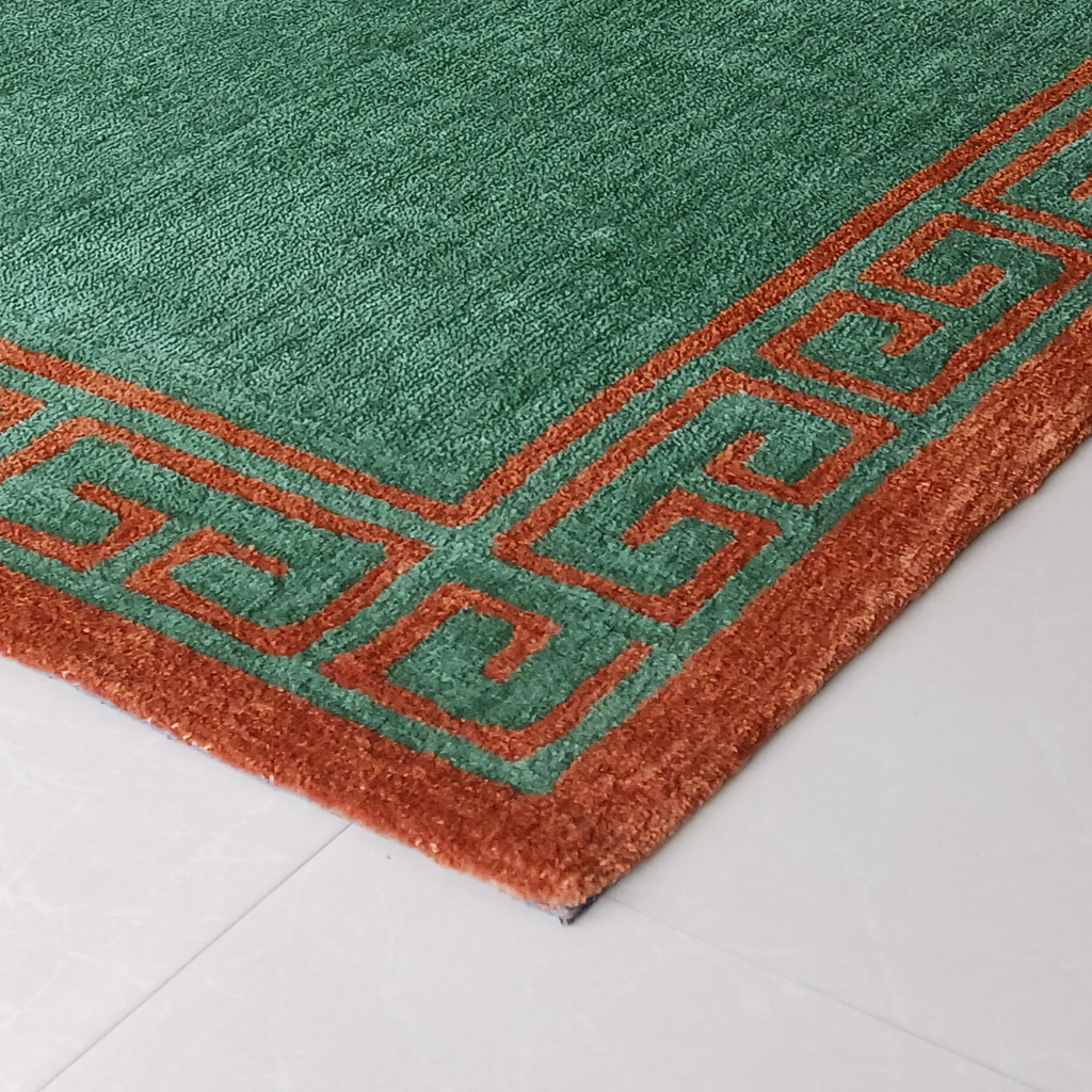 Avioni Luxury Collection- Plush Luxury Green and Golden Mustard Carpet with Greek Border Design -Different Sizes- Carpet for Living Room