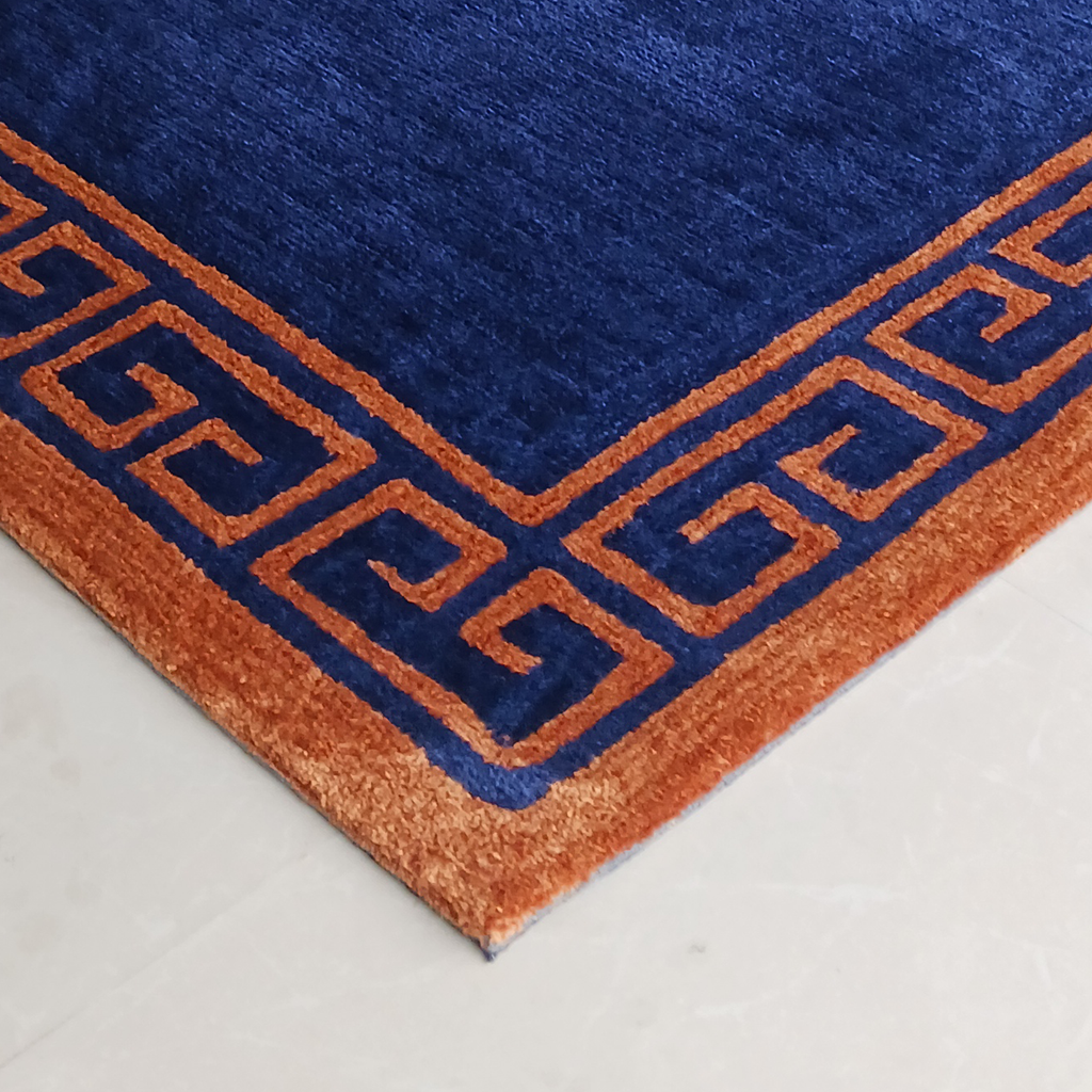 Avioni Luxury Collection- Plush Luxury Navy Blue and Golden Mustard Carpet with Greek Border Design -Different Sizes- Carpet for Living Room