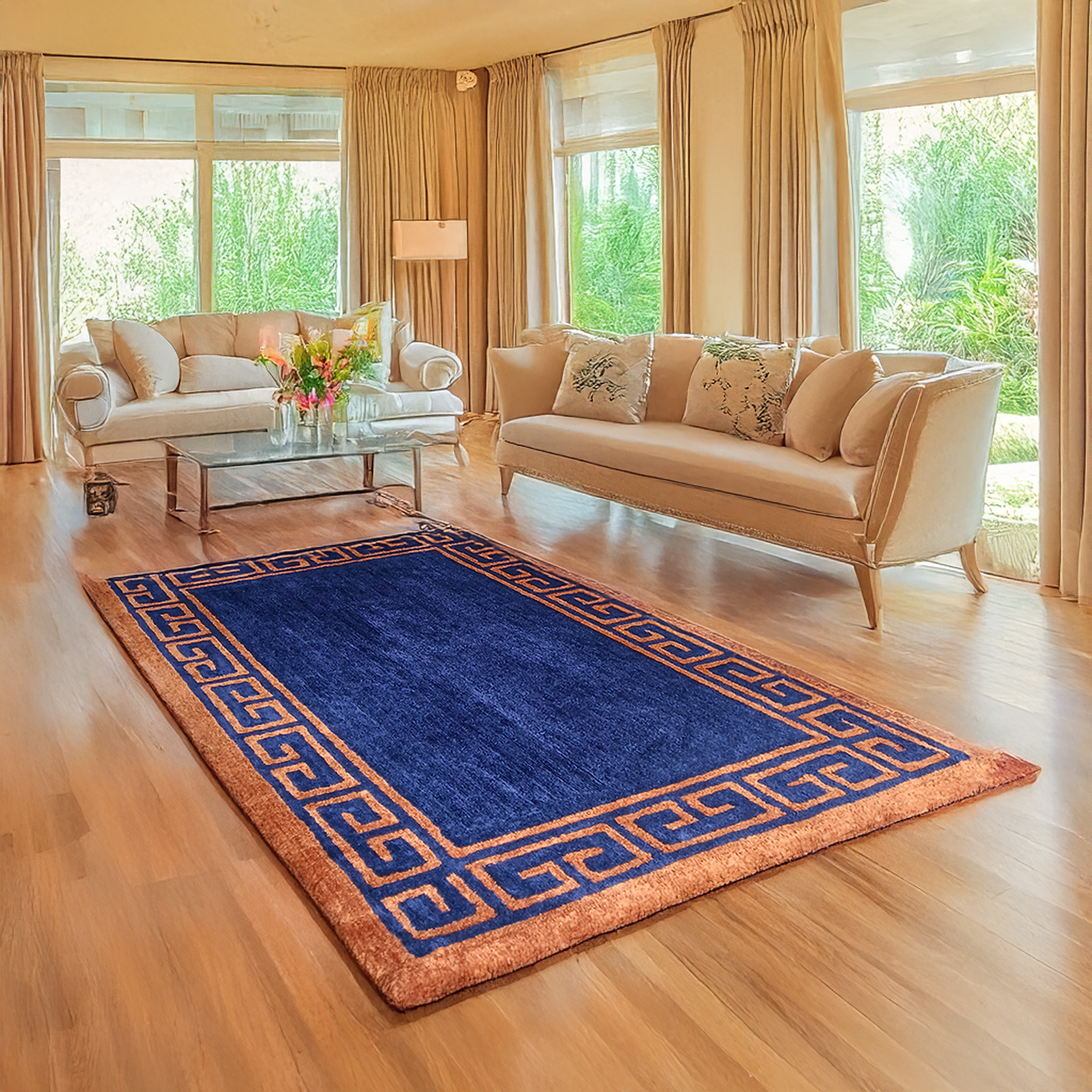 Avioni Luxury Collection- Plush Luxury Navy Blue and Golden Mustard Carpet with Greek Border Design -Different Sizes- Carpet for Living Room