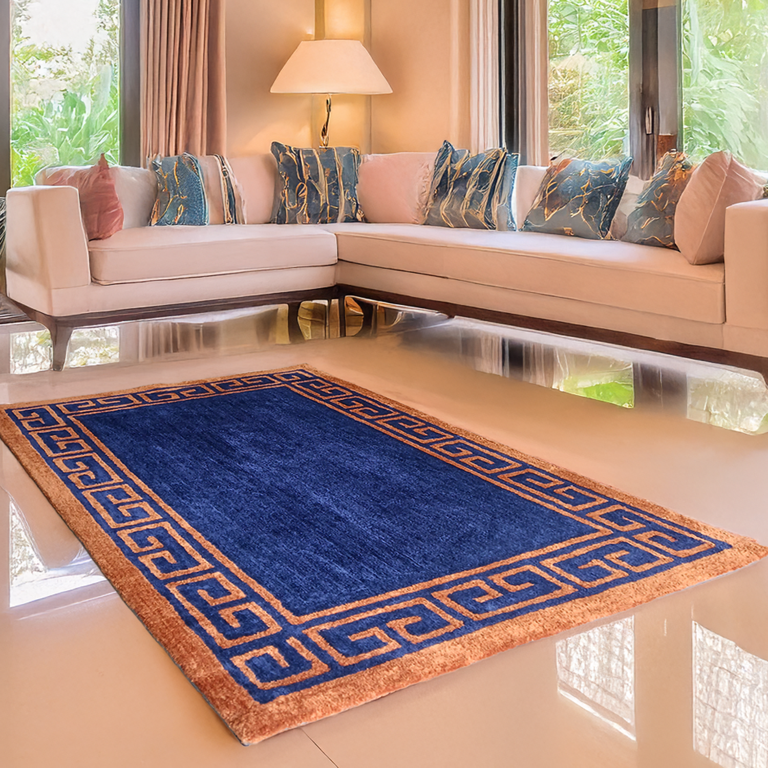 Avioni Luxury Collection- Plush Luxury Navy Blue and Golden Mustard Carpet with Greek Border Design -Different Sizes- Carpet for Living Room