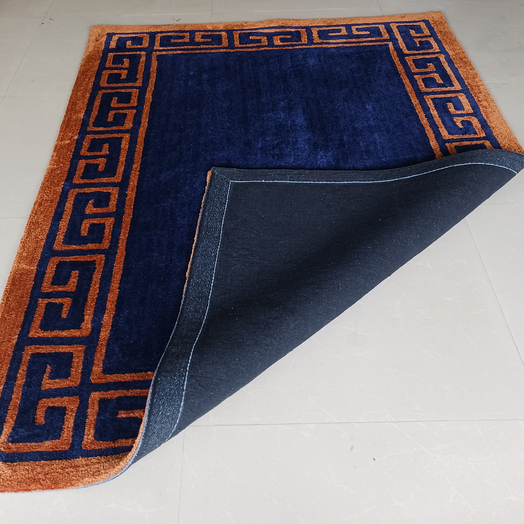 Avioni Luxury Collection- Plush Luxury Navy Blue and Golden Mustard Carpet with Greek Border Design -Different Sizes- Carpet for Living Room