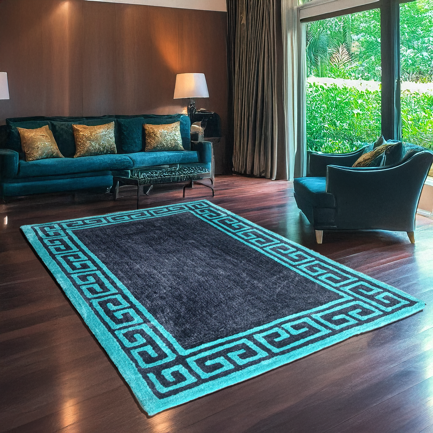 Avioni Luxury Collection- Plush Luxury Grey and Turquoise shades Carpet with Greek Border Design -Different Sizes- Carpet for Living Room