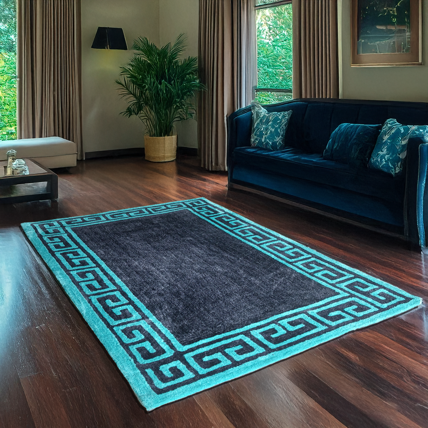 Avioni Luxury Collection- Plush Luxury Grey and Turquoise shades Carpet with Greek Border Design -Different Sizes- Carpet for Living Room