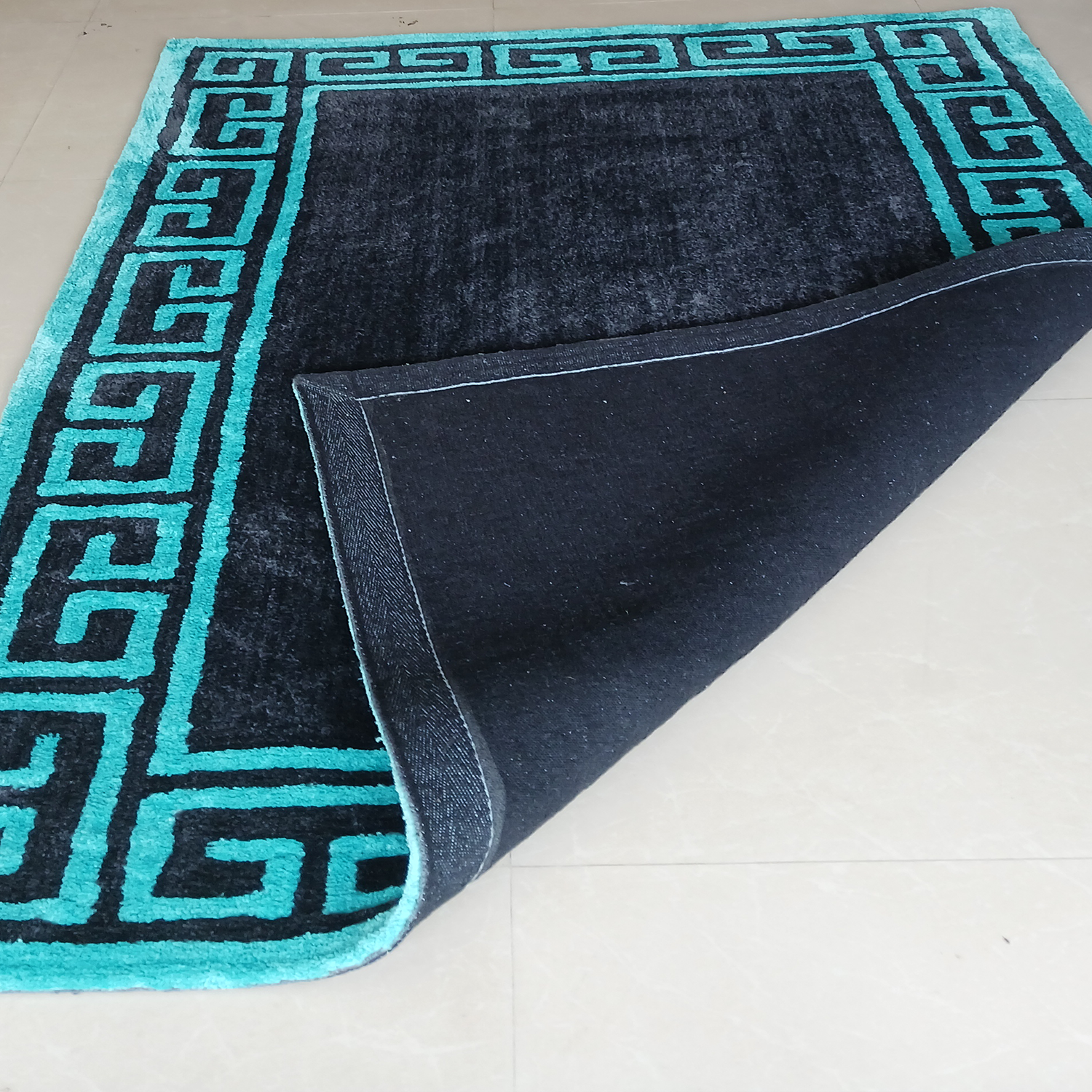 Avioni Luxury Collection- Plush Luxury Grey and Turquoise shades Carpet with Greek Border Design -Different Sizes- Carpet for Living Room