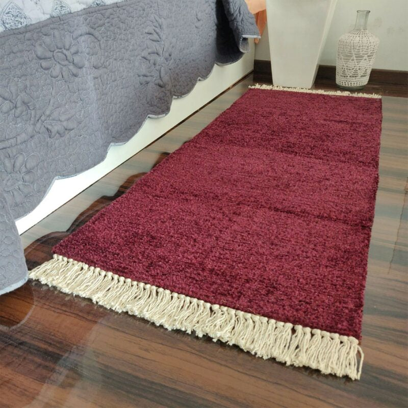 Avioni Bedside/Hallway/Pooja Carpets In Faux Silk Mahroon Plain With Lurex-(55cm x 137cm (~22″ x 55″))