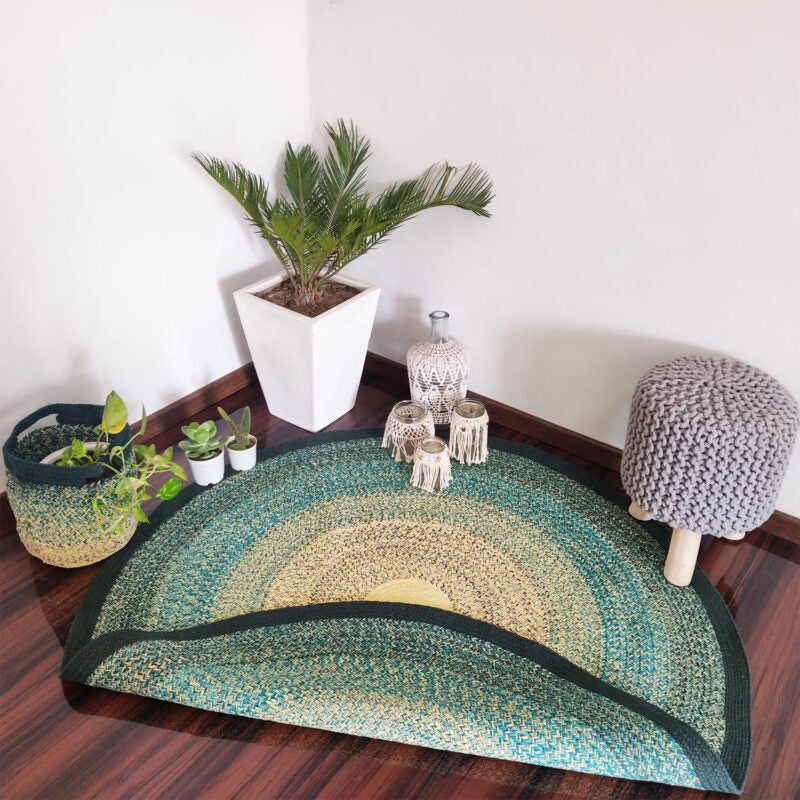 Avioni Cotton Braided Gradient Green Mountain Forest Rug ; 140CMS (Diameter) round rug “Nature Collection” Specially designed for festive season, Handmade by Skilled Artisan, Cotton Rich Vibrant