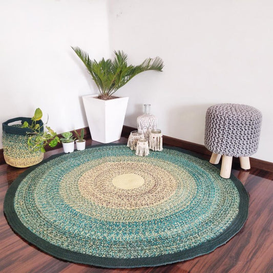 Avioni Cotton Braided Gradient Green Mountain Forest Rug ; 140CMS (Diameter) round rug “Nature Collection” Specially designed for festive season, Handmade by Skilled Artisan, Cotton Rich Vibrant