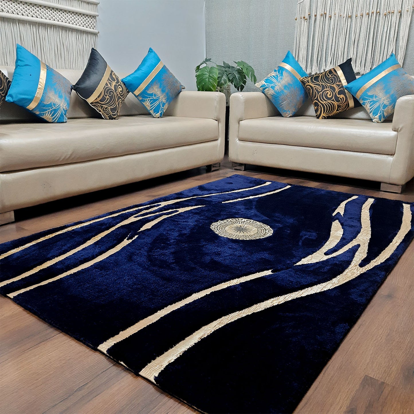 Avioni Divine Collection | Luxury Golden Touch With Blue Cross Design Soft And Plush Handmade Living Room Rugs | Different Sizes | Carpet for Living Room