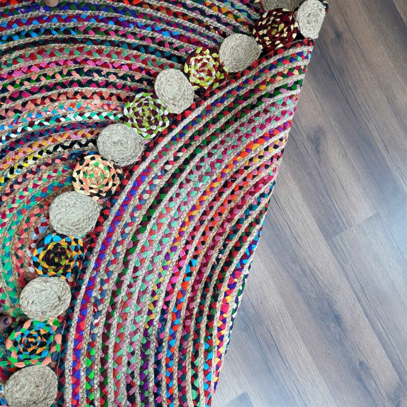 Avioni Home Contemporary Collection -Handmade Chindi With Jute Round Tikki – Multiple Sizes