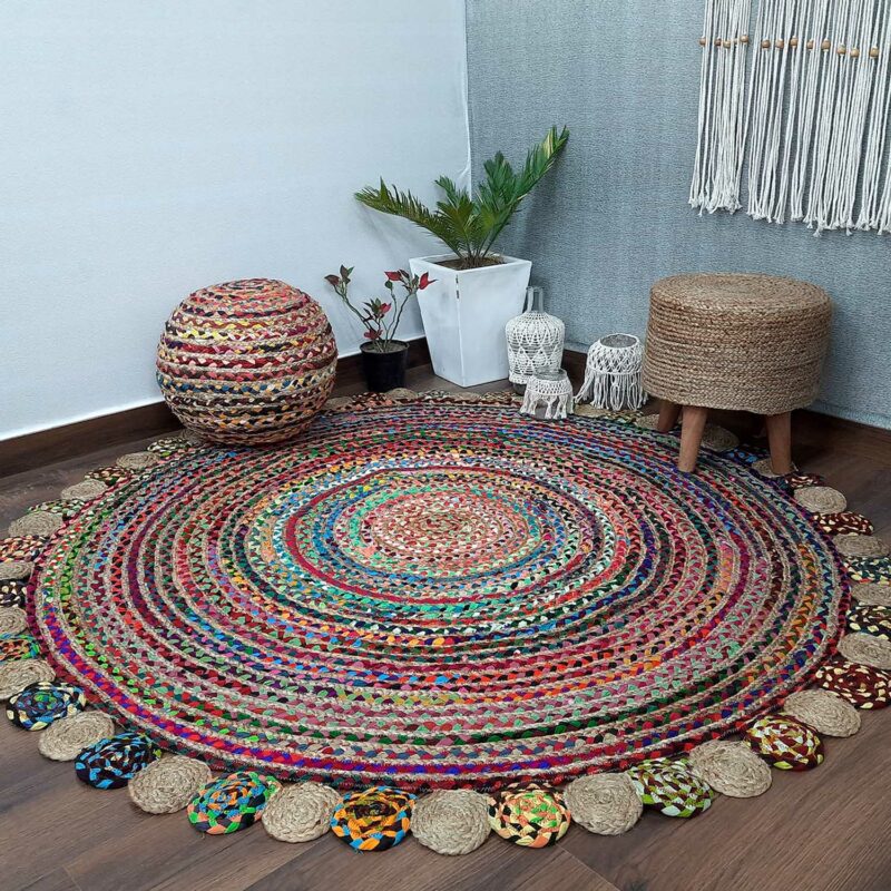 Avioni Home Contemporary Collection -Handmade Chindi With Jute Round Tikki – Multiple Sizes