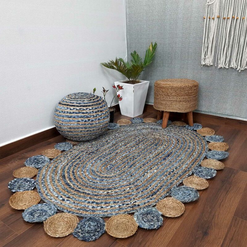 Avioni Home Contemporary Collection -Handmade Jeans With Jute Round Tikki Oval Shaped – Multiple Sizes