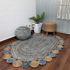 Avioni Home Contemporary Collection -Handmade Jeans With Jute Round Tikki Oval Shaped – Multiple Sizes