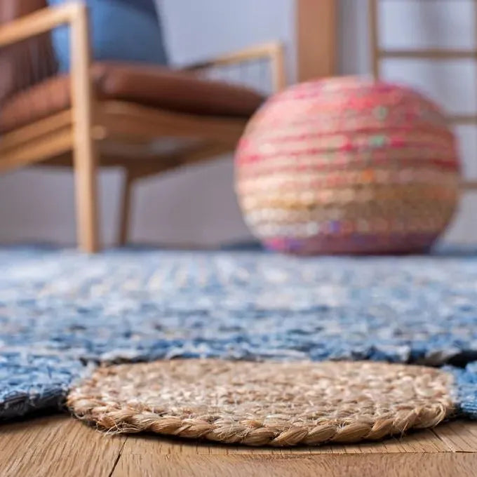 Avioni Home Eco Collection – Denim & Jute Braided Rug with Round Circle Border-122 cms x 182 cms